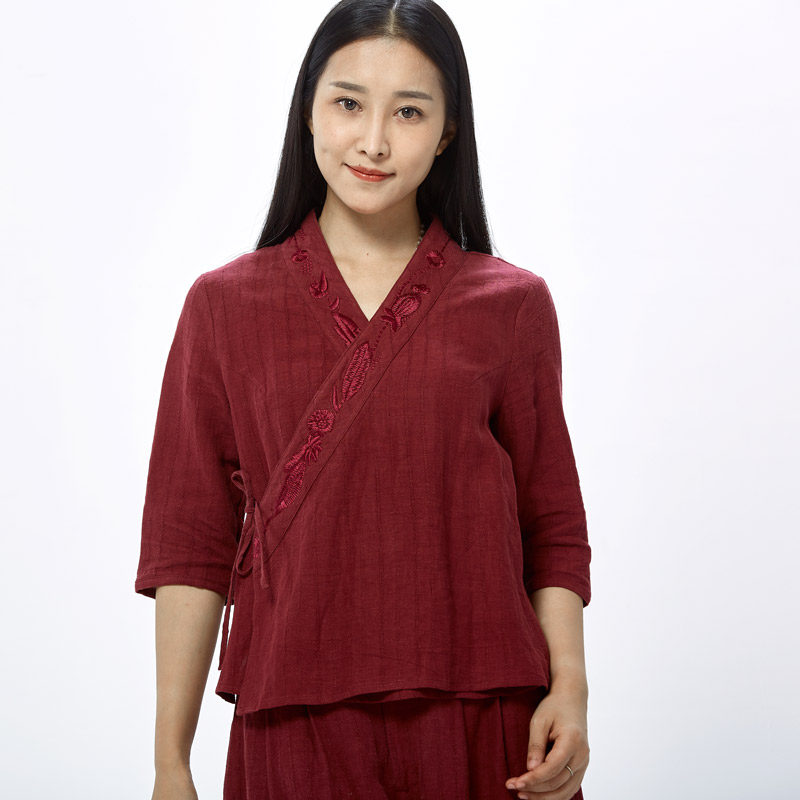 慈缘汉服女装原创中国风茶服禅服打坐禅修服2026春夏新款枣红上衣