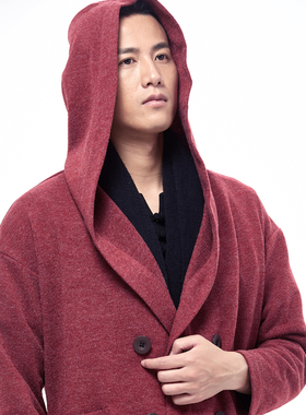 慈缘秋冬季男装毛呢休闲大衣原创本命年红色国风带帽外套60915