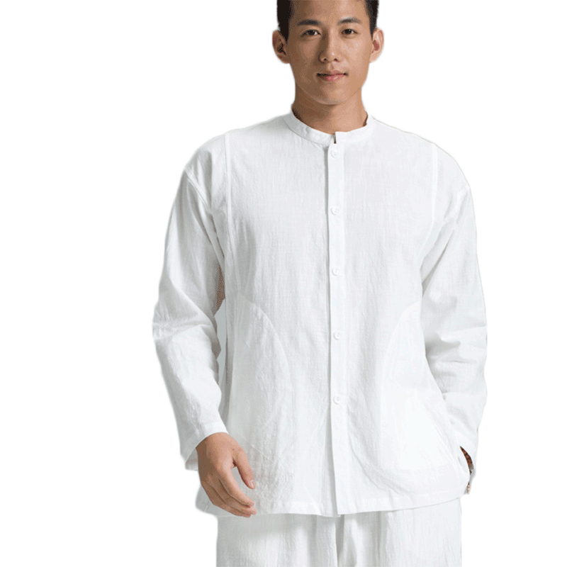 春夏秋季新款男装上衣新中式大码禅修服唐装长袖衬衫棉麻宽松款