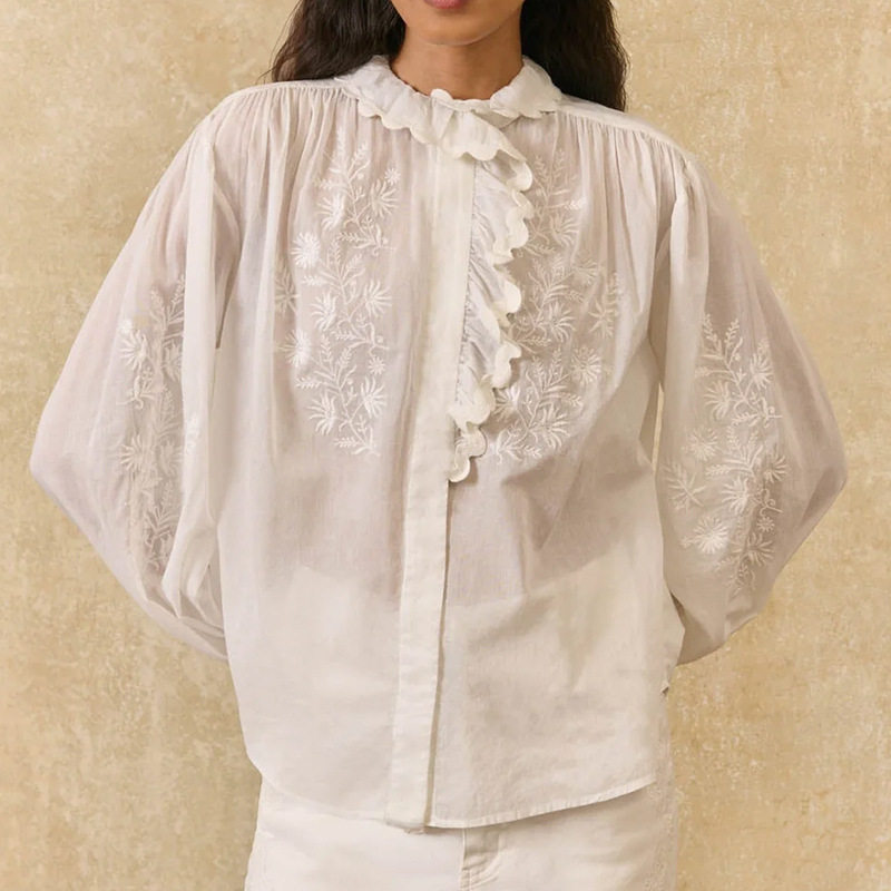 南油女装南法衬衫女长袖刺绣法式白衬衣女棉质宽松百搭上衣女秋季