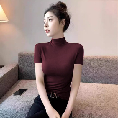 新款安可拉红半高领紧身短袖T恤打底衫女内搭夏春秋2025新款洋气