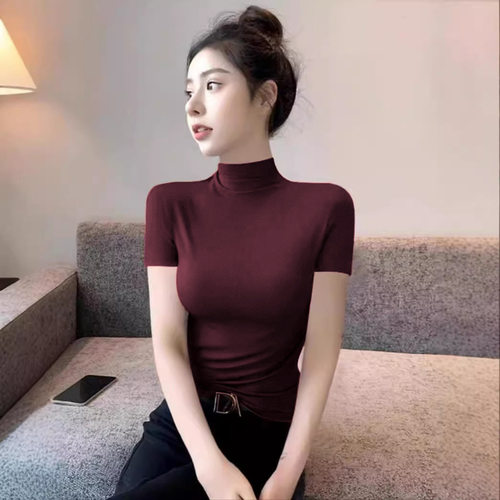 新款安可拉红半高领紧身短袖T恤打底衫女内搭夏春秋2025新款洋气