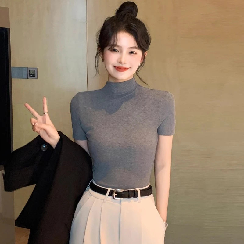 莫代尔半高领短袖t恤女夏季新款修身显瘦高级感休闲百搭上衣