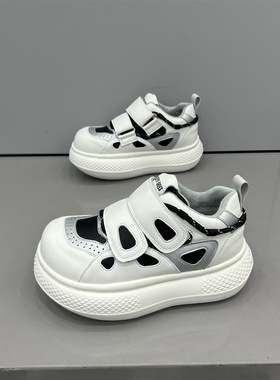 2025秋冬新款松糕厚底增高休闲鞋拼色复古韩版白色大头鞋运动鞋女