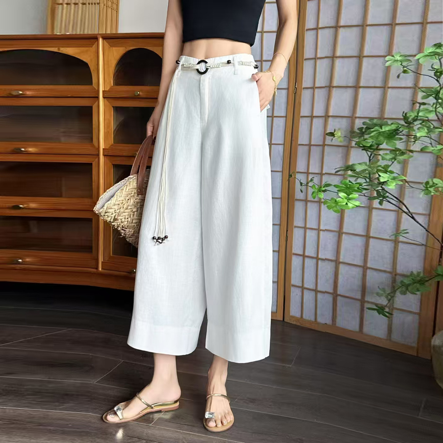 天丝亚麻休闲裤女八分裤