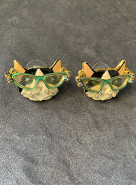 KY vintage LATR2GO 猫咪胸针耳钉套装可动奶牛喵珐琅小众设计师