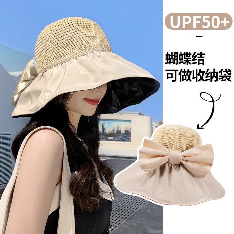 黑胶蝴蝶结渔夫帽女夏季韩版镂空帽大檐遮阳防晒太阳帽子潮