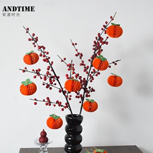 新年装饰柿子小灯笼盆栽植物蜂窝球小挂件福桶花艺材料氛围布置