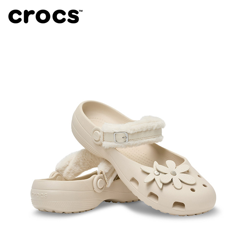 Crocs卡骆驰经典皮质暖绒后跟带芭蕾洞洞鞋女鞋毛毛鞋拖鞋|217064图片