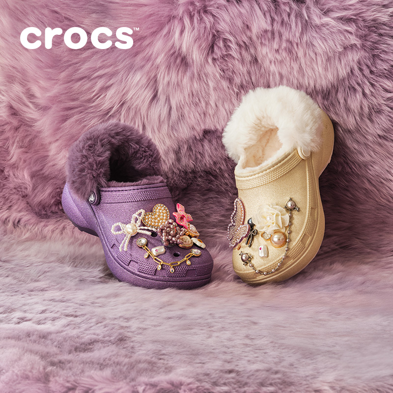 Crocs卡骆驰经典云朵闪耀暖绒洞洞鞋女鞋厚底暖棉花园鞋|211922