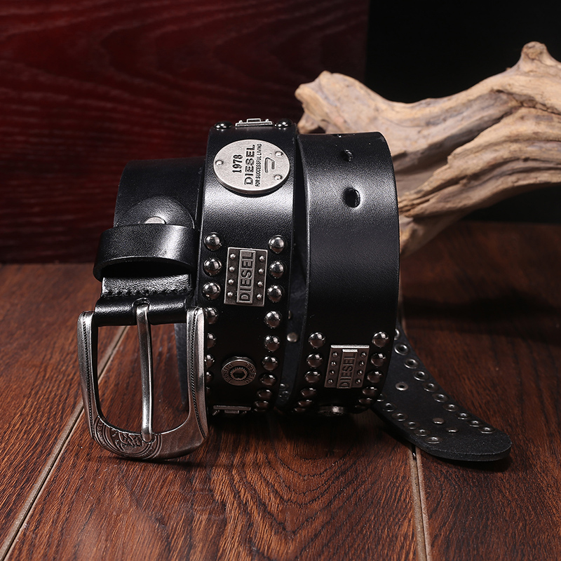 Mens leather belt, Liuding leather belt, personalized rivet head, pure cow leather, Harley Korean punk Hip Hop Pants