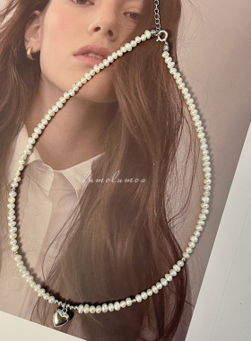 天然淡水珍珠mini爱心项链复古小众设计925银锁骨链颈链搭配手链