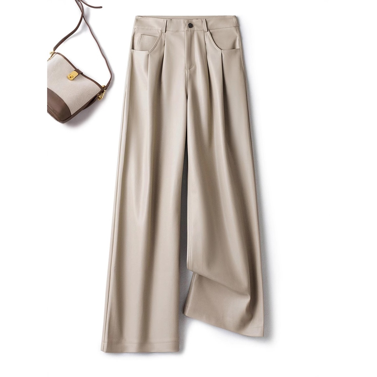 热销秋冬海宁绵羊皮裤女高腰显瘦休闲直筒卡其色阔腿裤高级感高档,女装/女士精品,休闲裤,淘宝优惠券,粉丝福利购,淘宝优惠卷