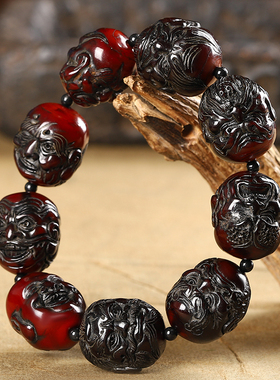 文玩真品西藏天然牦牛角双面雕刻十八罗汉佛珠手串手链手把件骨质