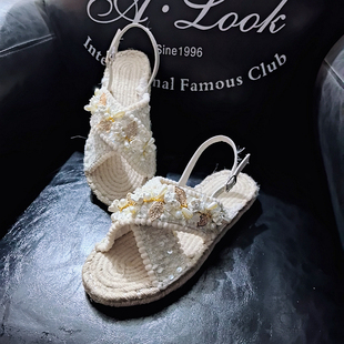夏季亚麻草编渔夫凉鞋手工复古平底重工夏季布鞋女外穿厚底罗马鞋