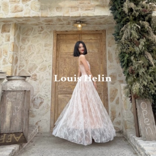 复古月光白纱方领大摆蕾丝收腰吊带轻礼服连衣裙 法式 Louis Helin