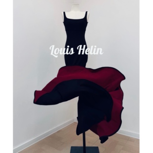 Louis Helin限定红底裙步步生莲夏日紧身吊带鱼尾包臀鱼尾连衣裙