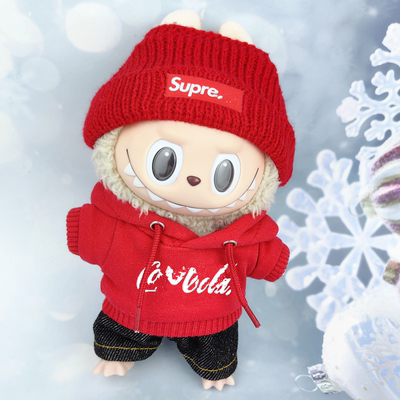 15cm17cm拉布布娃衣坐坐派对马卡龙labubu公仔红色卫衣毛线帽子