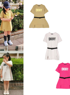 女大童春秋连衣裙美国单DK家短袖束腰纯色休闲运动裙子4-16岁