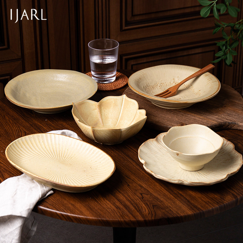 ijarl【2026新】茶兮莲花粗陶复古点心盘甜品碗中古风高颜值盘子