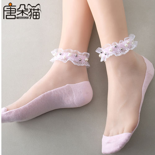 唐朵猫蕾丝花边日系珍珠公主袜