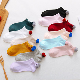 袜子女短袜浅口棉袜ins潮可爱百搭低帮夏季 毛球女士短筒船袜 薄款