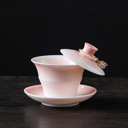 羊脂玉瓷竹节三才盖碗悬停三件套