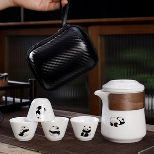 户外旅行茶具羊脂玉陶瓷一壶四杯茶水分离快客杯 创意小熊猫便携式
