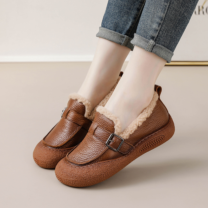 真皮加绒保暖平底软底女棉鞋百搭