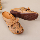 妈妈皮凉拖鞋 女外穿夏季 新款 大码 洞洞真皮中老年女士平底包头拖鞋