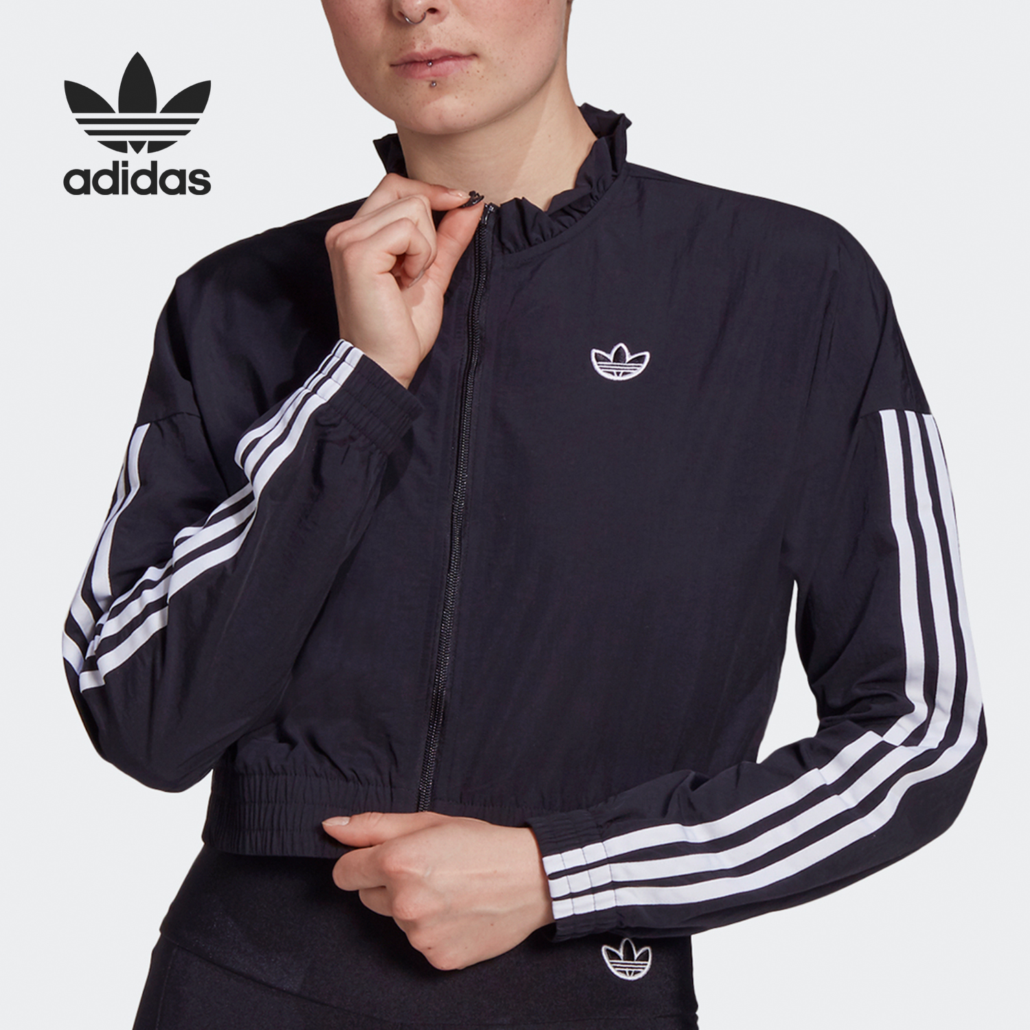 Adidas/阿迪达斯正品三叶草女子简约休闲运动短款条纹外套FU3859