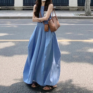 2025年新款 茶歇法式 夏季 蓝色无袖 海边度假小个子长裙 连衣裙子女装