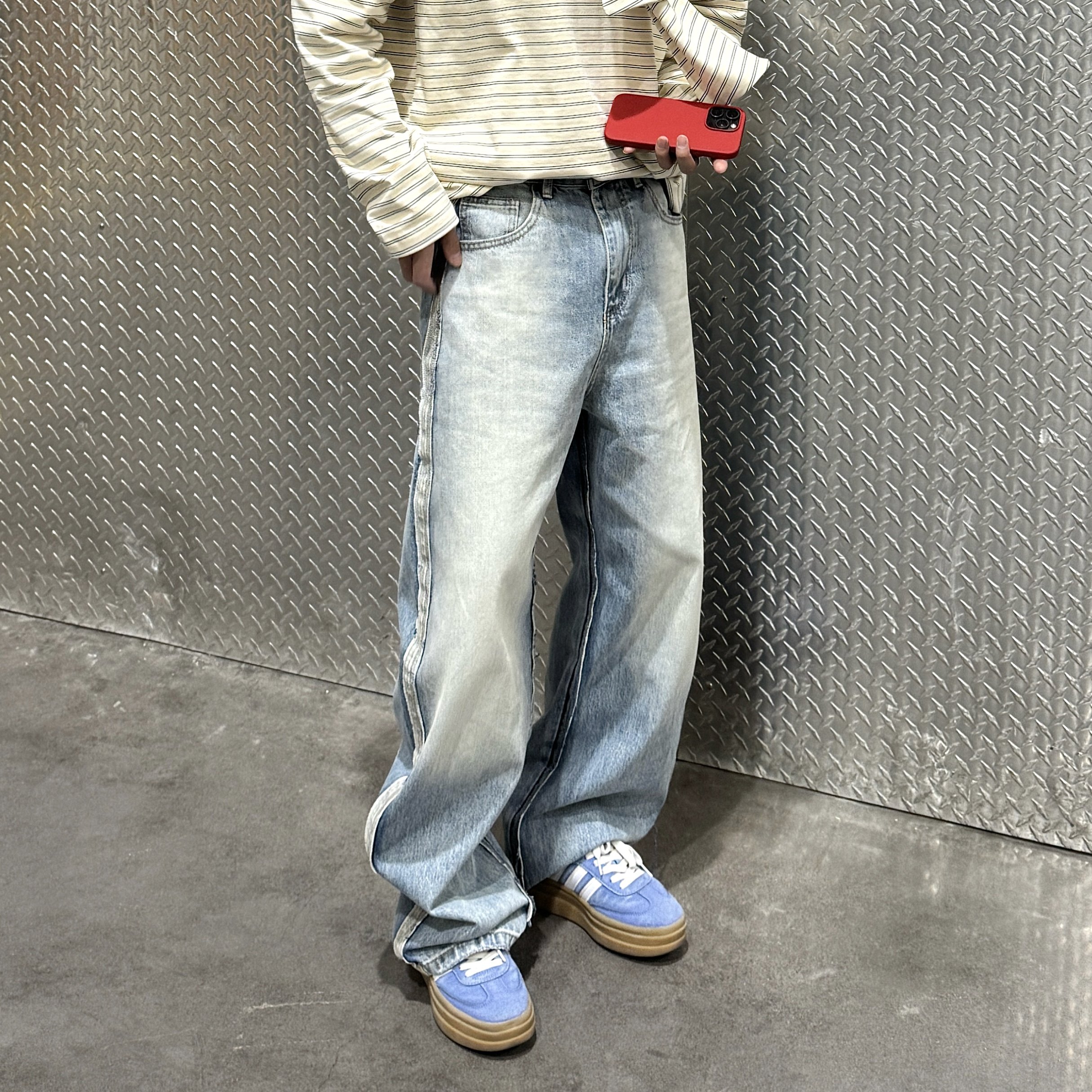 飞型记重工水洗美式复古拼接侧条纹牛仔裤男直筒百搭宽松弯刀裤子,男装,牛仔裤,淘宝优惠券,粉丝福利购,淘宝优惠卷