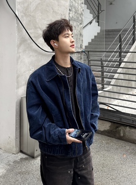 飞型记韩版灯芯绒夹克男宽松帅气廓形外套深蓝色休闲风潮流上衣