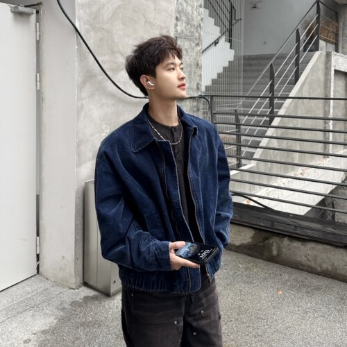 飞型记韩版灯芯绒夹克男宽松帅气廓形外套深蓝色休闲风潮流上衣