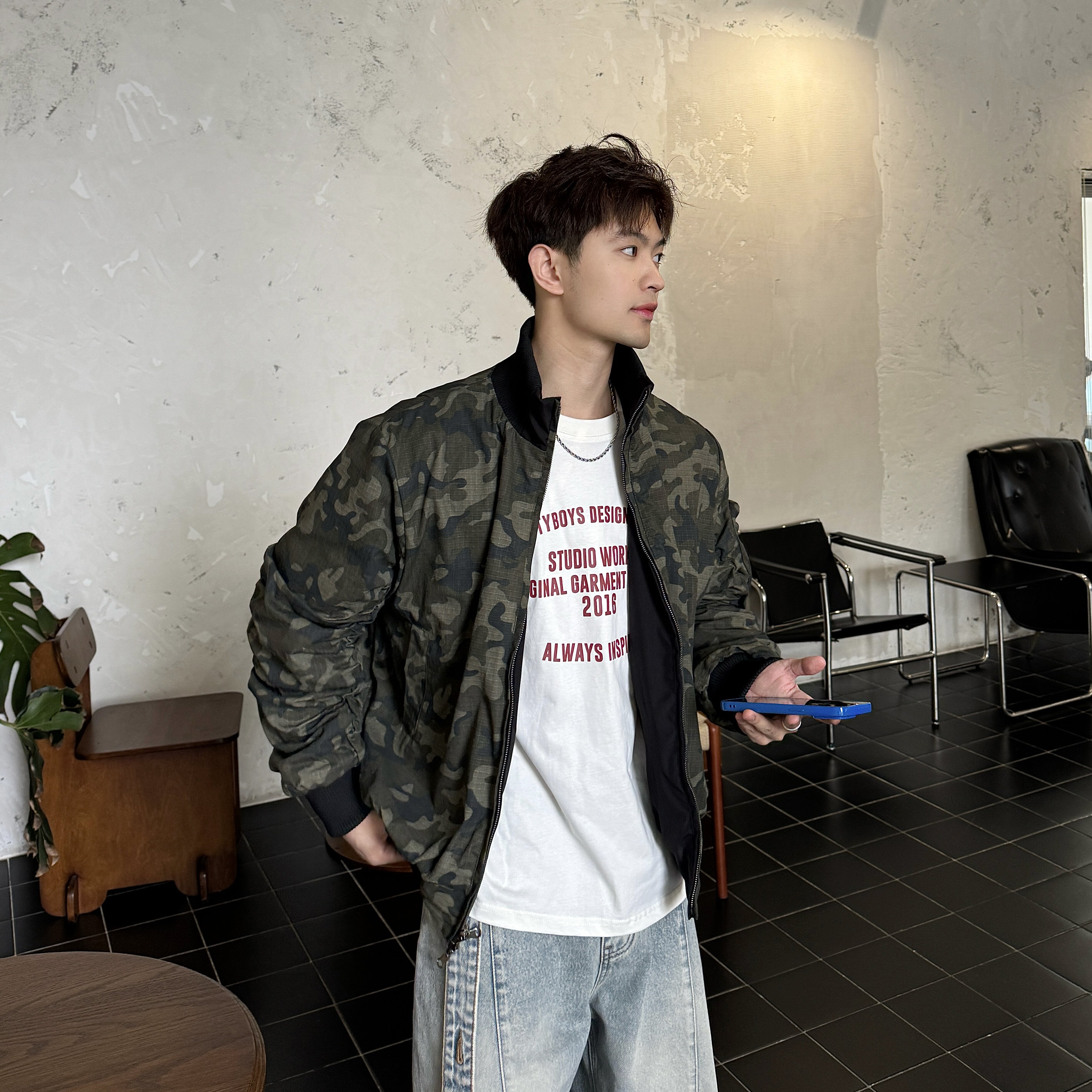 飞型记美式复古迷彩夹克男立领棒球服飞行员外套高级感两面穿上衣