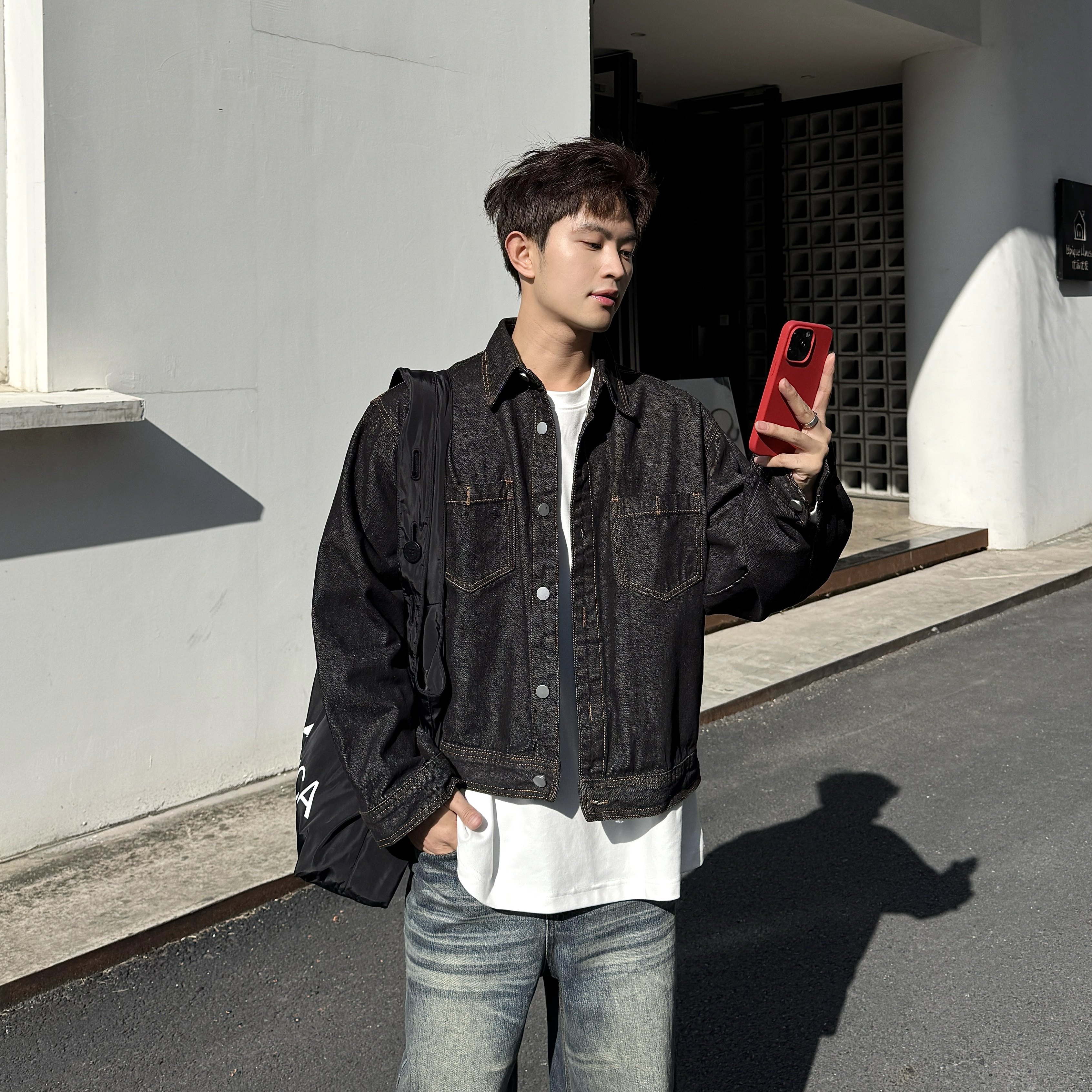 飞型记美式复古牛仔外套男宽松翻领短宽长袖夹克潮流休闲百搭上衣,男装,牛仔外套,淘宝优惠券,粉丝福利购,淘宝优惠卷