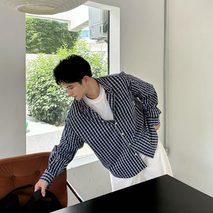 飞型记蓝色格子长袖衬衫男2025秋季新款男女生休闲宽松衬衣外套潮