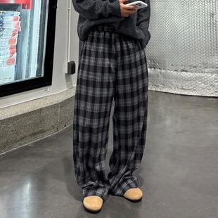 百搭直筒松紧格子香蕉裤 飞型记复古格纹宽松阔腿裤 男弯刀休闲裤