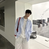 长袖 新款 假两件休闲衬衣学生外套 男2025秋季 飞型记蓝色条纹衬衫