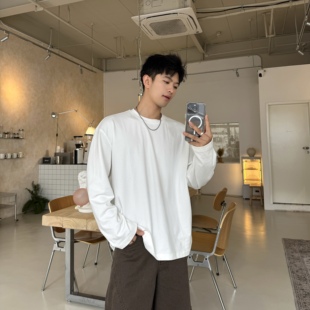 t恤男宽松百搭圆领纯色打底衫 飞型记秋冬新款 白色内搭磨毛长袖