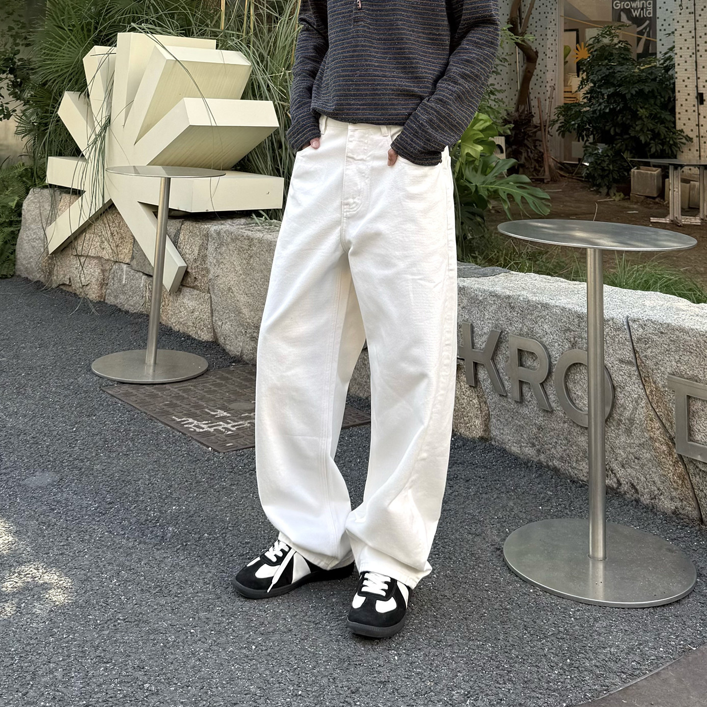 飞型记莱赛尔秋季复古水洗牛仔裤男宽松直筒阔腿休闲长裤白色裤子