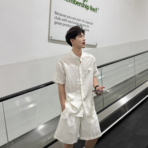 飞型记莱赛尔薄款立领夏季短袖衬衫套装男2026新款亚麻直筒短裤