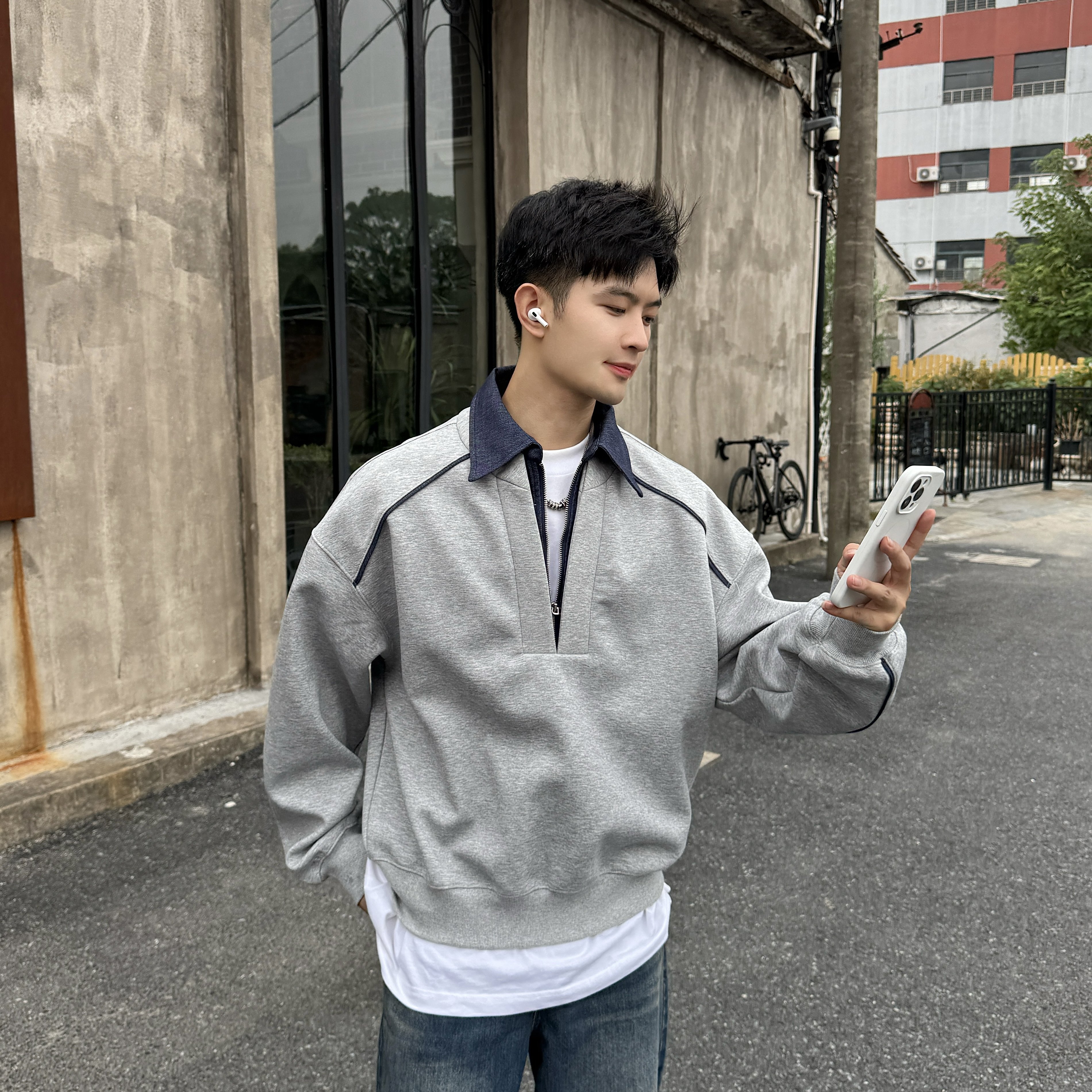 飞型记420g重磅翻领高级感衬衫领拼接撞色半拉链上衣长袖卫衣男,男装,卫衣,淘宝优惠券,粉丝福利购,淘宝优惠卷