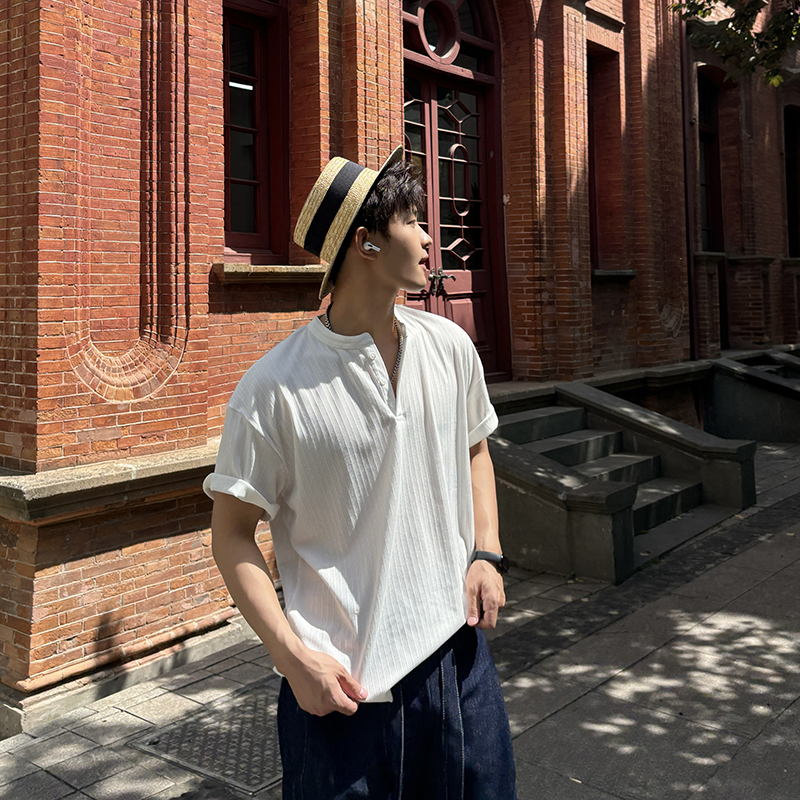 飞型记肌理褶皱老钱风白色短袖T恤男亨利衫夏季修身v领慵懒上衣