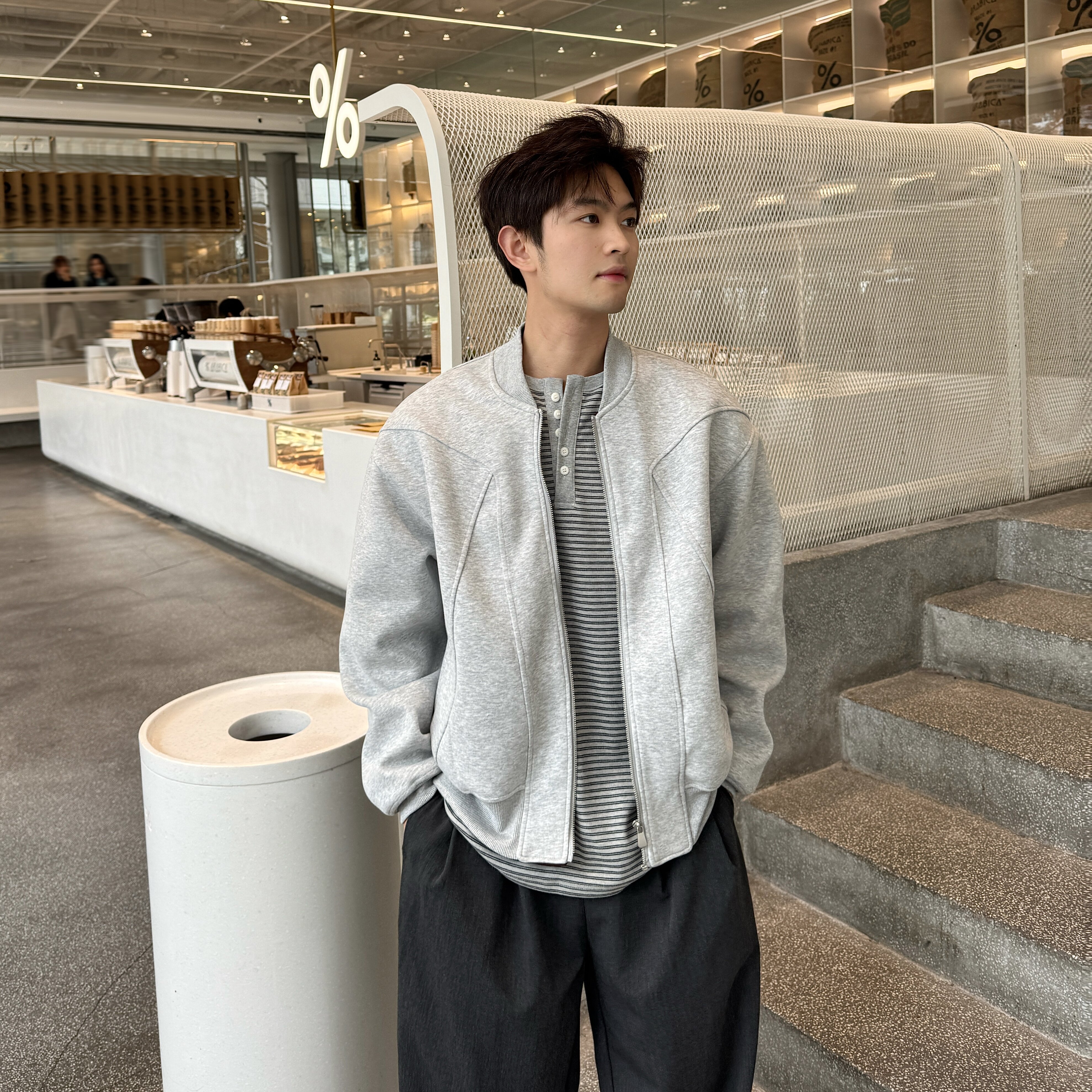 飞型记简约运动风棒球领开衫卫衣男灰色宽松高级感短款夹克外套