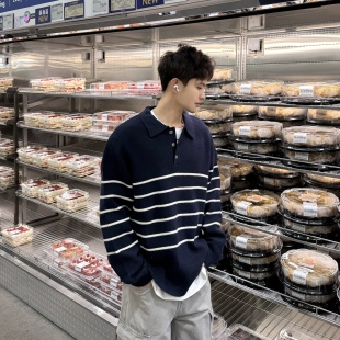 飞型记美式复古条纹POLO领针织衫男学院风宽松毛衣内搭打底衫上衣