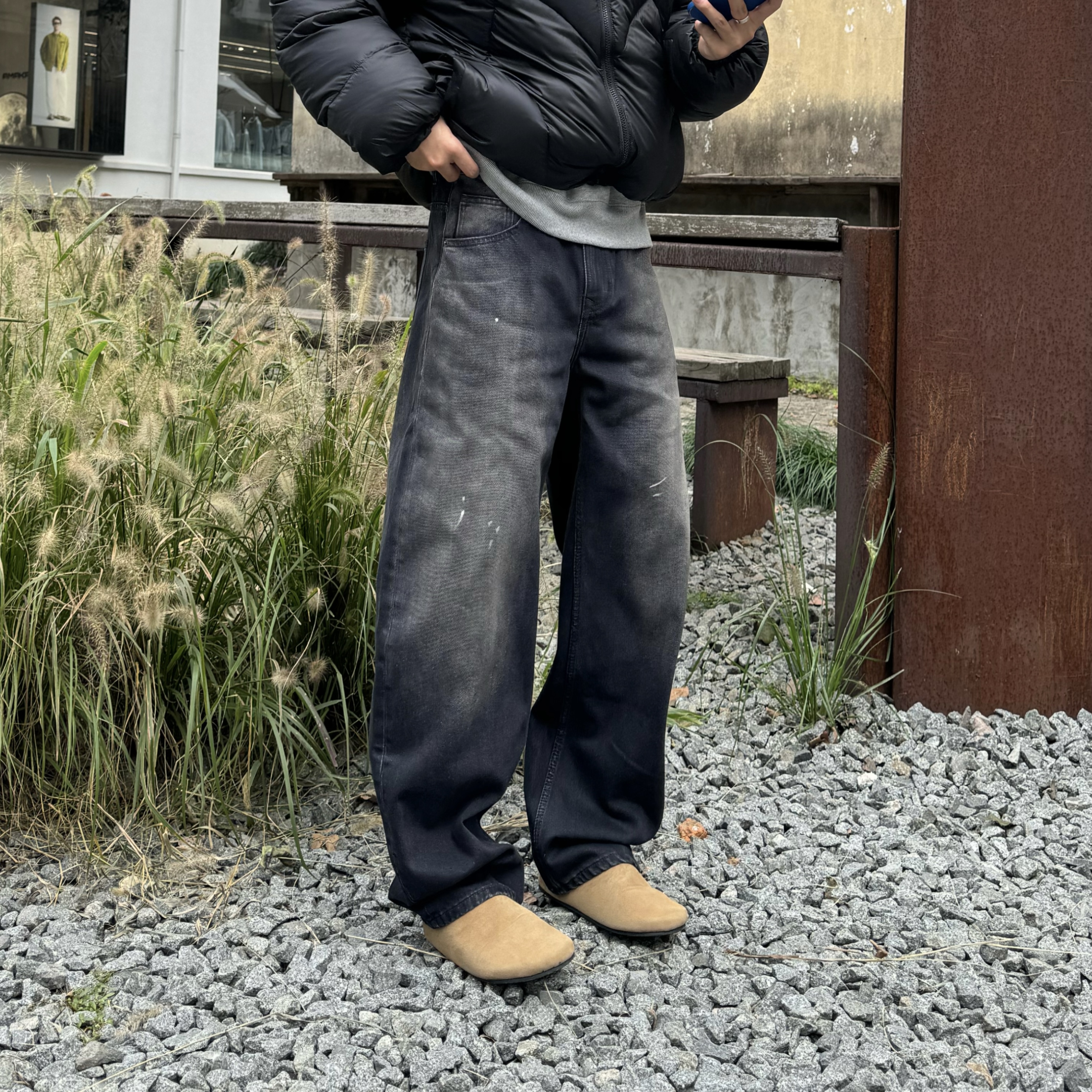 甩漆香蕉裤加绒底抓毛水洗牛仔裤