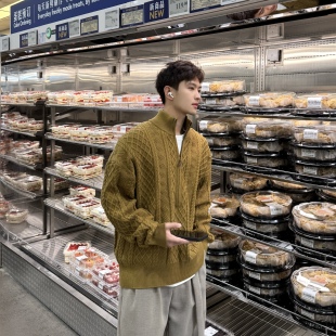 飞型记老钱风绞花半拉链毛衣男冬季加厚立领针织衫保暖重磅毛衣