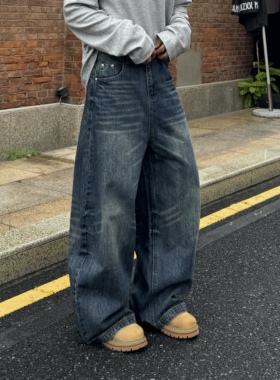 飞型记美式高街复古水洗蓝色牛仔裤男女宽松休闲弯刀阔腿裤子潮牌